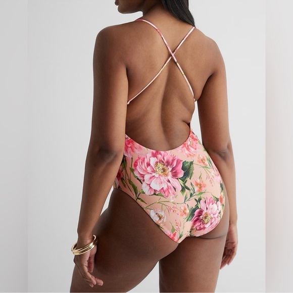 NWT Express Pink Floral Strappy Lace-Up Body Contour One-Piece Swimsuit #S01 - Picture 3 of 15